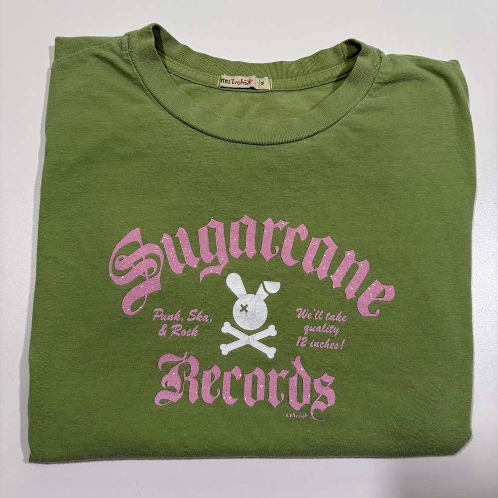 🐰🤍 Y2K Bunny Graphic Tee Sparkly Pink & Olive, Sugarcane Records, Sz XL Punk - Picture 3 of 11